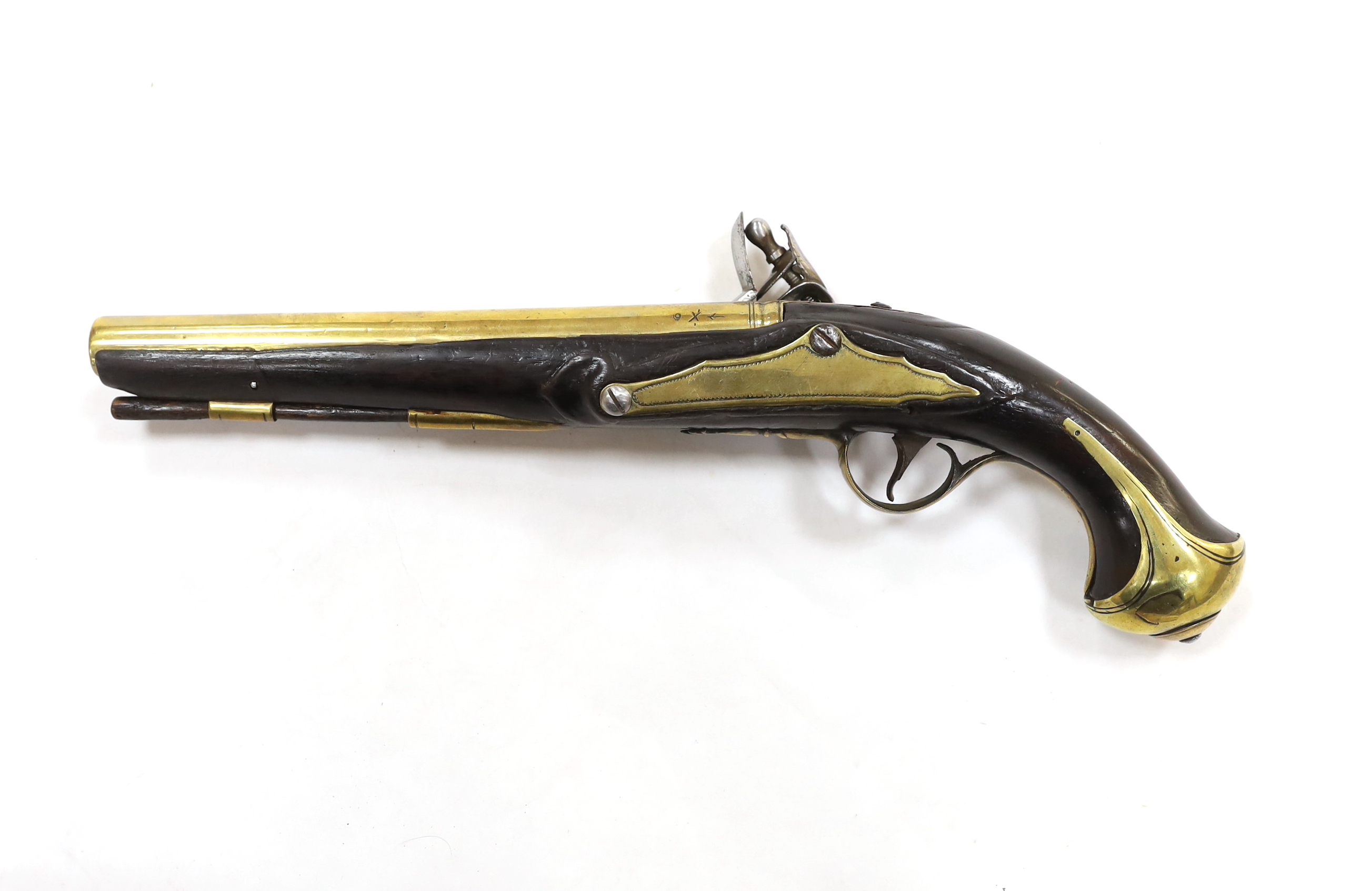 A composite 20 bore brass barrel, flintlock holster pistol, fitted with brass mounts, long spur butt cap and fully stocked